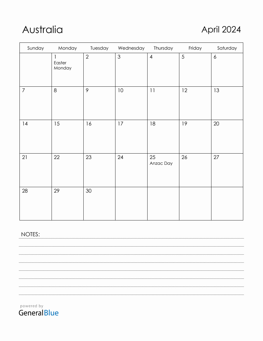 April 2024 Australia Calendar with Holidays