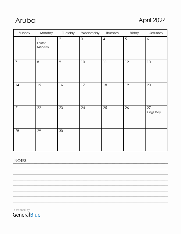 April 2024 Aruba Calendar with Holidays (Sunday Start)