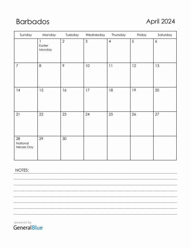April 2024 Barbados Calendar with Holidays