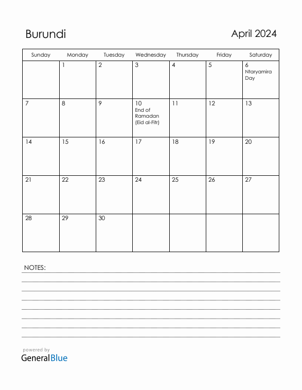 April 2024 Burundi Calendar with Holidays (Sunday Start)