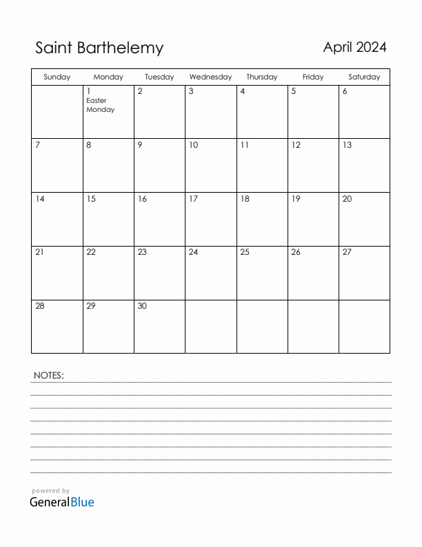 April 2024 Saint Barthelemy Calendar with Holidays (Sunday Start)