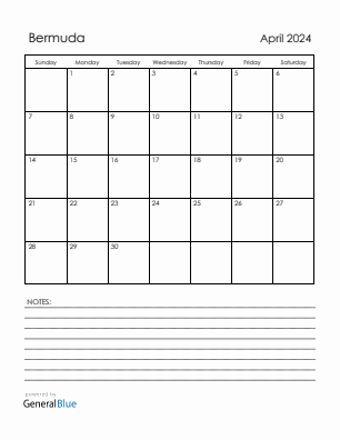 Current month calendar with Bermuda holidays for April 2024