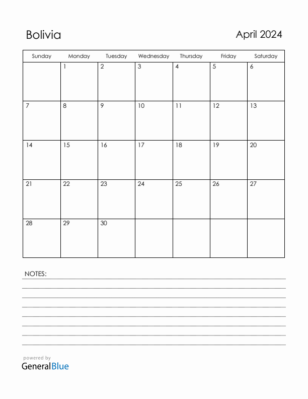 April 2024 Bolivia Calendar with Holidays (Sunday Start)