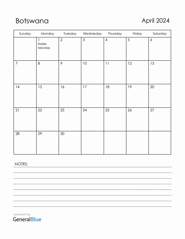 April 2024 Botswana Calendar with Holidays (Sunday Start)
