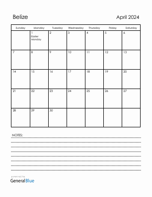 Current month calendar with Belize holidays for April 2024