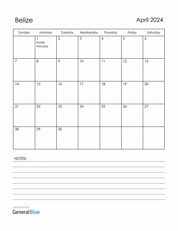 April 2024 Belize Calendar with Holidays (Sunday Start)