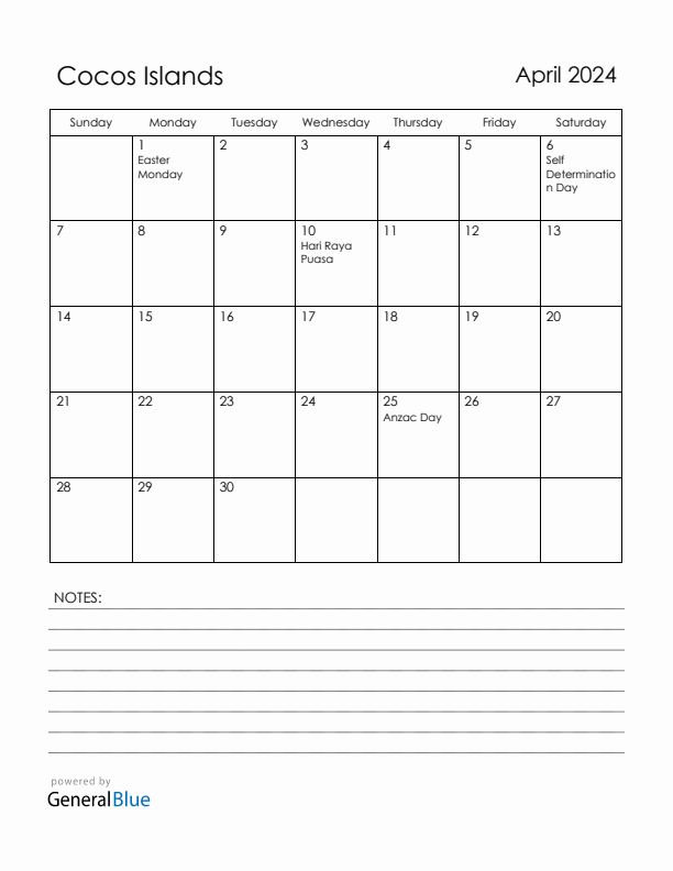 April 2024 Cocos Islands Calendar with Holidays (Sunday Start)