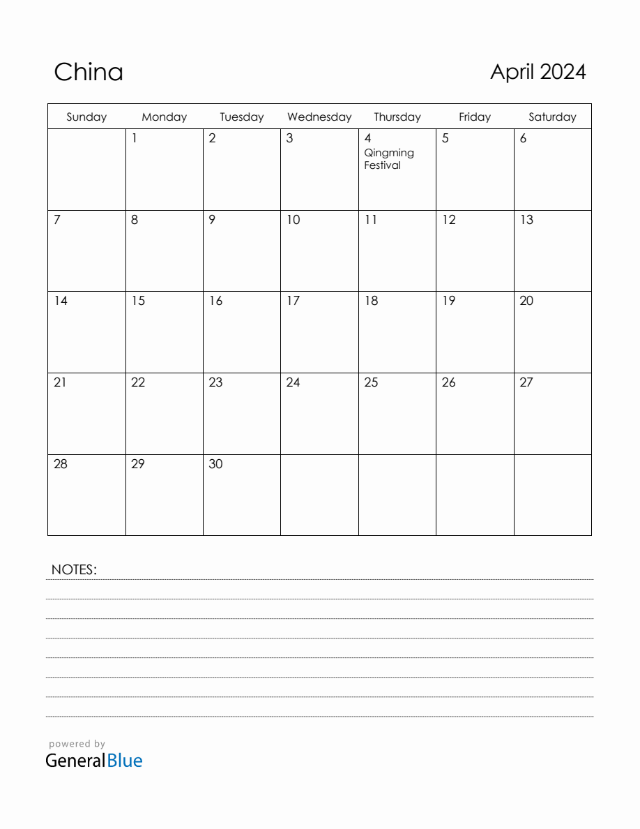 April 2024 China Calendar with Holidays