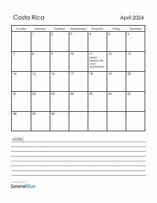 Current month calendar with Costa Rica holidays for April 2024