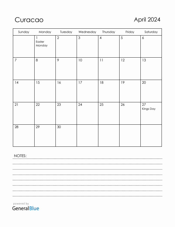 April 2024 Curacao Calendar with Holidays (Sunday Start)