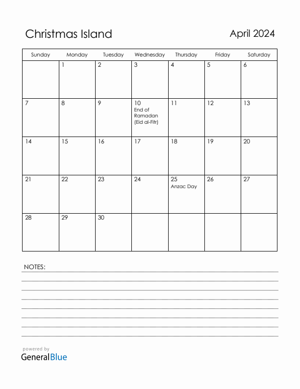 April 2024 Christmas Island Calendar with Holidays (Sunday Start)