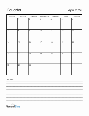 Current month calendar with Ecuador holidays for April 2024