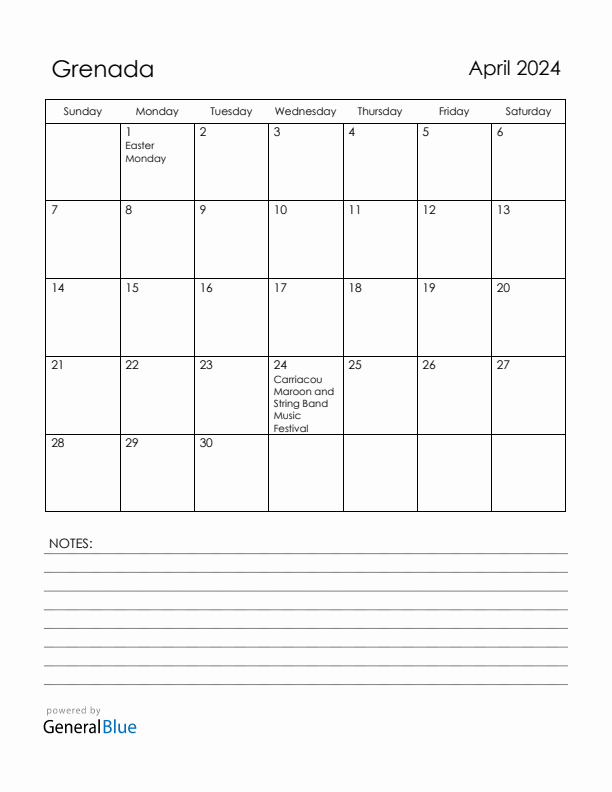 April 2024 Grenada Calendar with Holidays (Sunday Start)