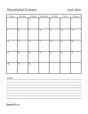 Current month calendar with Equatorial Guinea holidays for April 2024