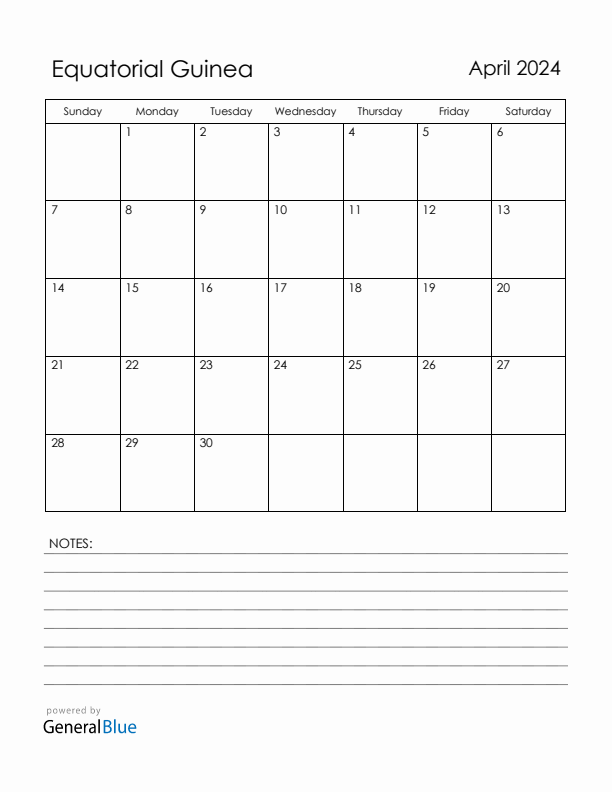 April 2024 Equatorial Guinea Calendar with Holidays (Sunday Start)