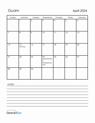 Current month calendar with Guam holidays for April 2024