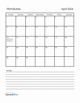 Current month calendar with Honduras holidays for April 2024