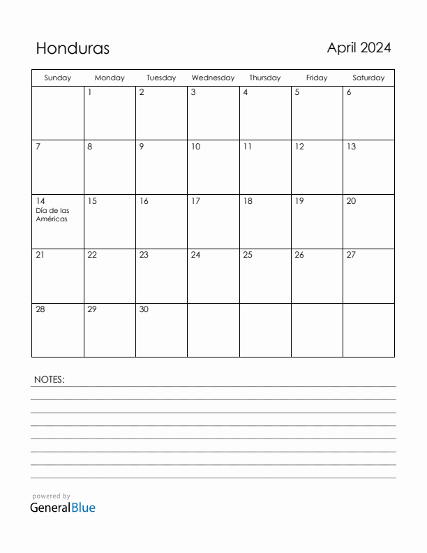 April 2024 Honduras Calendar with Holidays (Sunday Start)