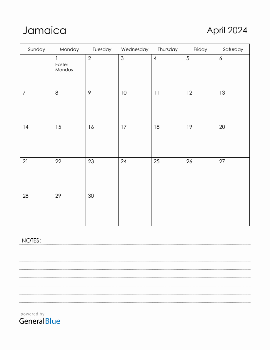 April 2024 Jamaica Calendar with Holidays