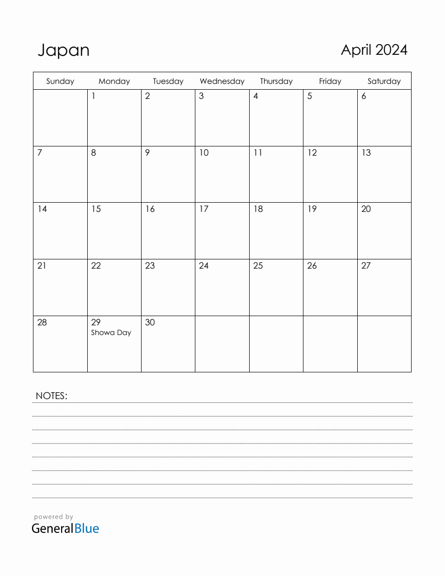 April 2024 Japan Calendar with Holidays