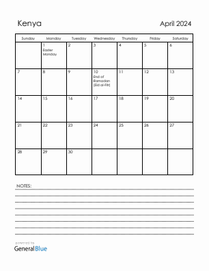 Current month calendar with Kenya holidays for April 2024