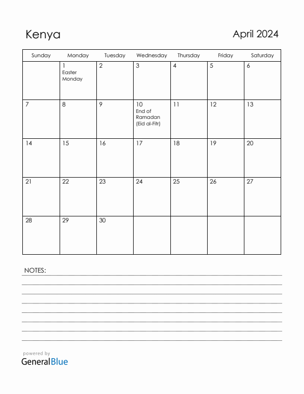April 2024 Kenya Calendar with Holidays (Sunday Start)