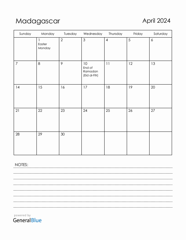 April 2024 Madagascar Calendar with Holidays (Sunday Start)