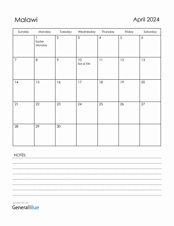 April 2024 Malawi Calendar with Holidays (Sunday Start)