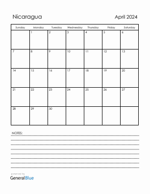 Current month calendar with Nicaragua holidays for April 2024