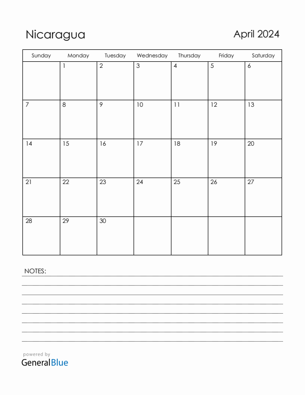April 2024 Nicaragua Calendar with Holidays (Sunday Start)