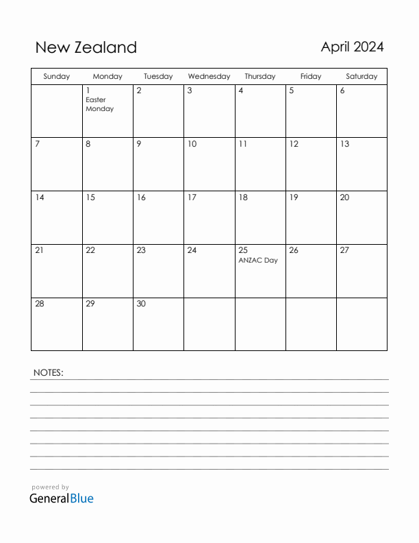 April 2024 New Zealand Calendar with Holidays (Sunday Start)