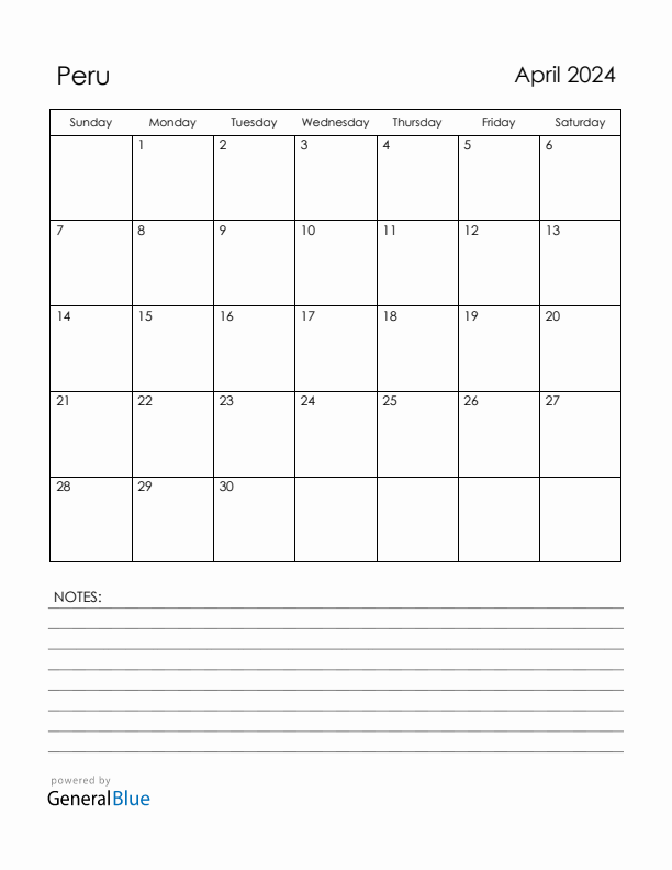 April 2024 Peru Calendar with Holidays (Sunday Start)