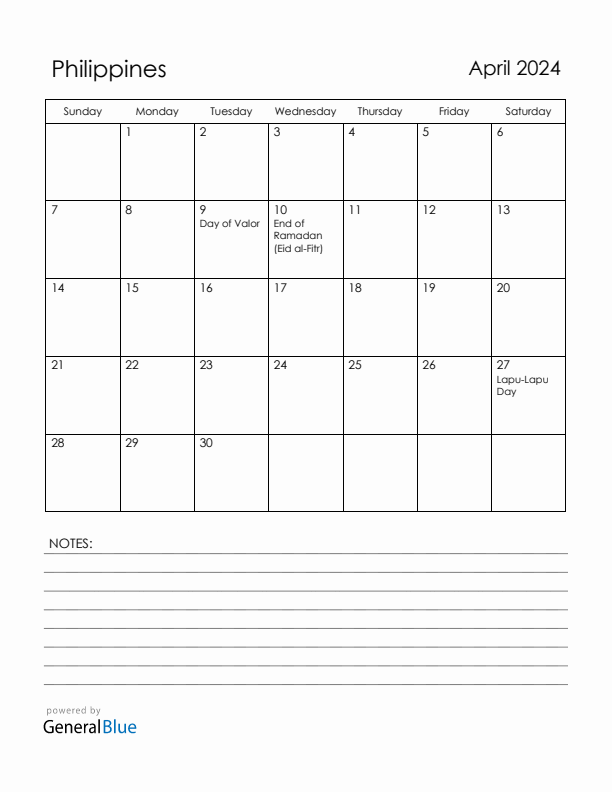 April 2024 Philippines Calendar with Holidays (Sunday Start)