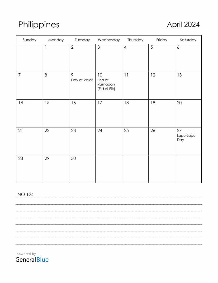 April 2024 Philippines Calendar with Holidays