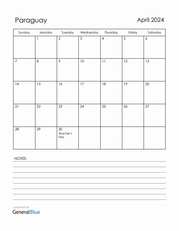 April 2024 Paraguay Calendar with Holidays (Sunday Start)