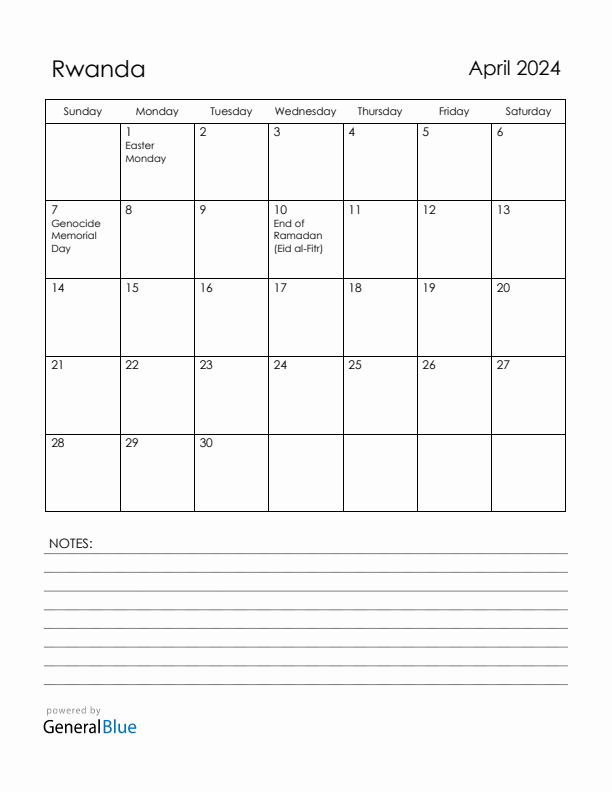 April 2024 Rwanda Calendar with Holidays (Sunday Start)