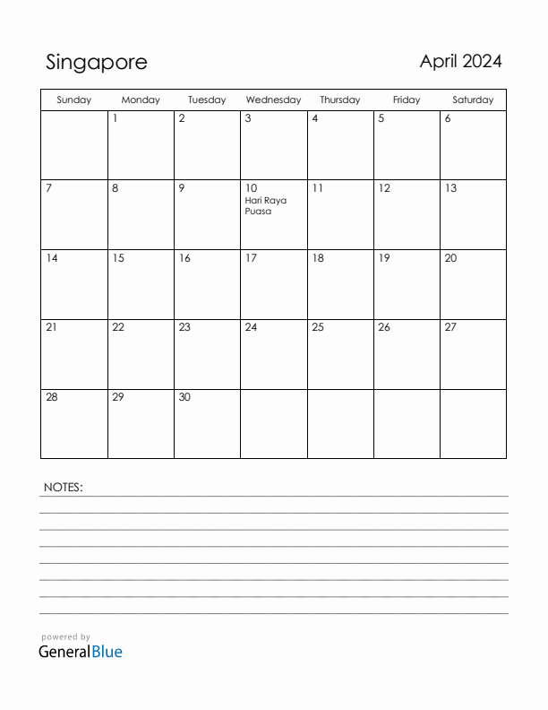April 2024 Singapore Calendar with Holidays (Sunday Start)