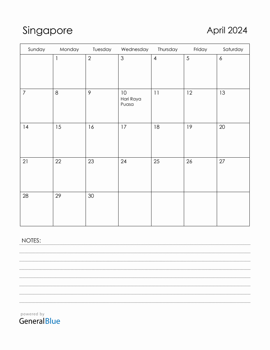 April 2024 Singapore Calendar with Holidays