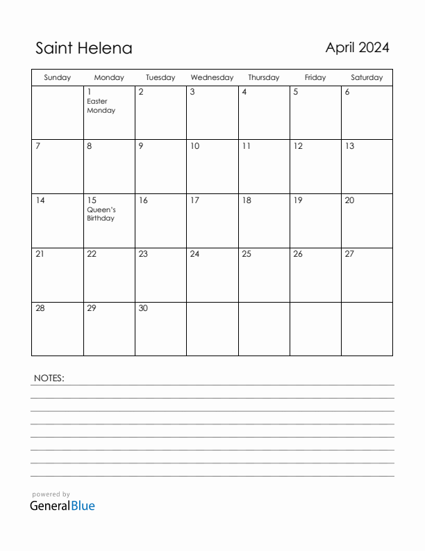 April 2024 Saint Helena Calendar with Holidays (Sunday Start)