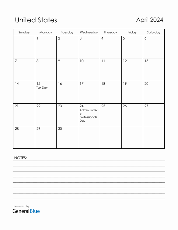 April 2024 United States Calendar with Holidays (Sunday Start)
