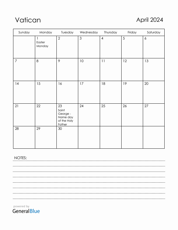 April 2024 Vatican Calendar with Holidays (Sunday Start)