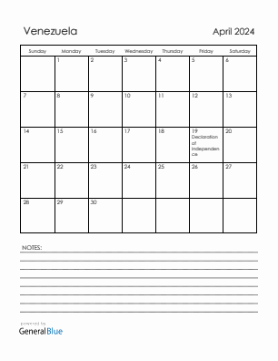 Current month calendar with Venezuela holidays for April 2024