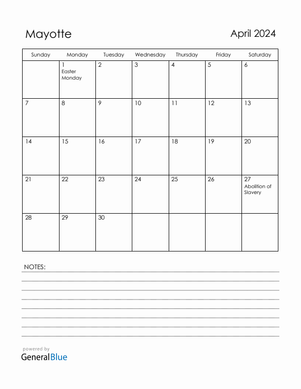 April 2024 Mayotte Calendar with Holidays (Sunday Start)