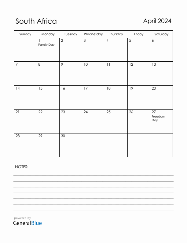 April 2024 South Africa Calendar with Holidays (Sunday Start)