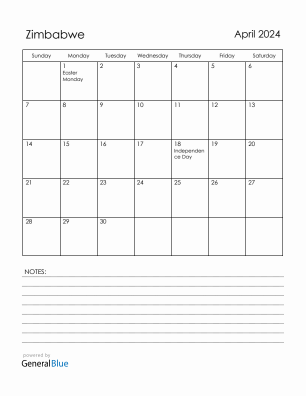 April 2024 Zimbabwe Calendar with Holidays (Sunday Start)