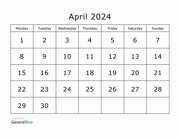 Printable April 2024 Calendar - Monday Start