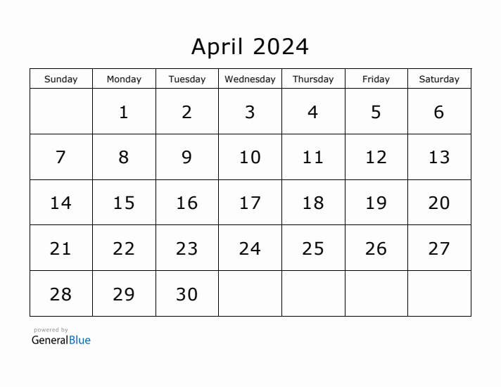 Printable April 2024 Calendar - Sunday Start
