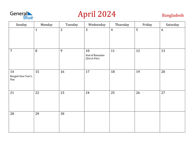 Bangladesh April 2024 Calendar