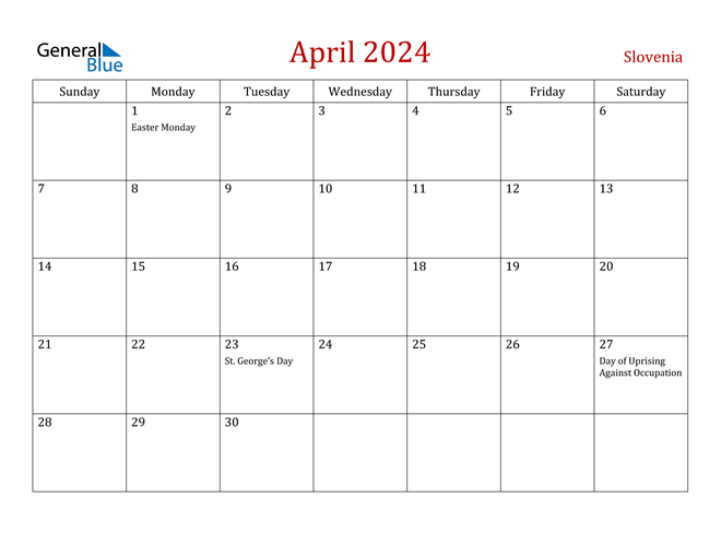 Slovenia April 2024 Calendar