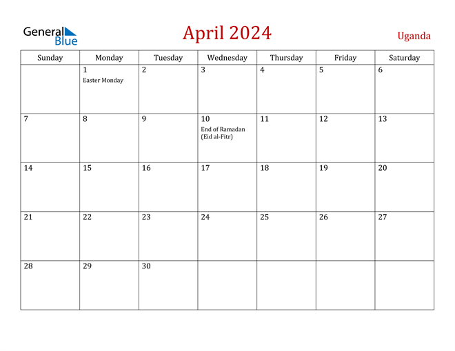 Uganda April 2024 Calendar